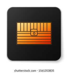 Orange glowing neon Antique treasure chest icon isolated on white background. Vintage wooden chest with golden coin. Black square button. Vector Illustration