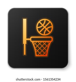 Orange glowing neon Basketball ball and basket icon isolated on white background. Ball in basketball hoop. Black square button. Vector Illustration