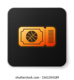 Orange glowing neon Basketball game ticket icon isolated on white background. Black square button. Vector Illustration