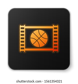 Orange glowing neon Basketball game video icon isolated on white background. Black square button. Vector Illustration