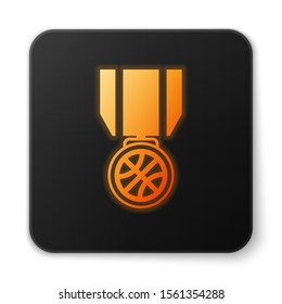 Orange glowing neon Basketball medal with ribbon icon isolated on white background. Black square button. Vector Illustration