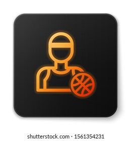 Orange glowing neon Basketball player icon isolated on white background. Black square button. Vector Illustration