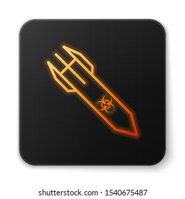 Orange glowing neon Biohazard rocket icon isolated on white background. Rocket bomb flies down. Black square button. Vector Illustration