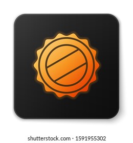 Orange glowing neon Bottle cap icon isolated on white background. Black square button. Vector Illustration