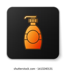 Orange glowing neon Bottle of liquid antibacterial soap with dispenser icon isolated on white background. Disinfection, hygiene, skin care concept. Black square button. Vector Illustration