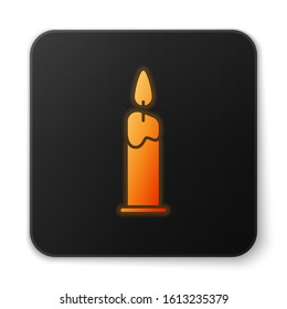 Orange glowing neon Burning candle in candlestick icon isolated on white background. Cylindrical candle stick with burning flame. Black square button. Vector Illustration
