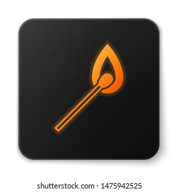 Orange glowing neon Burning match with fire icon isolated on white background. Match with fire. Matches sign. Black square button. Vector Illustration