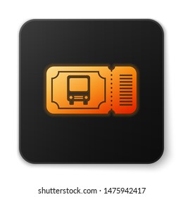 Orange glowing neon Bus ticket icon isolated on white background. Public transport ticket. Black square button. Vector Illustration