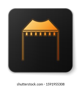 Orange glowing neon Camping tent icon isolated on white background. Carnival camping tent. Amusement park. Black square button. Vector Illustration