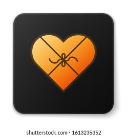 Orange glowing neon Candy in heart shaped box and bow icon isolated on white background. Valentines Day. Black square button. Vector Illustration