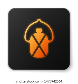 Orange glowing neon Canteen water bottle icon isolated on white background. Tourist flask icon. Jar of water use in the campaign. Black square button. Vector Illustration
