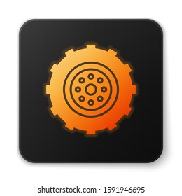 Orange glowing neon Car wheel icon isolated on white background. Black square button. Vector Illustration