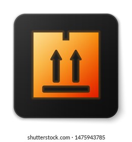Orange glowing neon Cardboard box with traffic symbol icon isolated on white background. Box, package, parcel sign. Delivery, transportation and shipping. Black square button. Vector Illustration