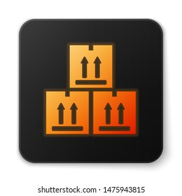 Orange glowing neon Cardboard box with traffic symbol icon isolated on white background. Box, package, parcel sign. Delivery, transportation and shipping. Black square button. Vector Illustration