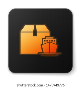 Orange glowing neon Cargo ship with boxes delivery service icon isolated on white background. Delivery, transportation. Freighter with parcels, boxes, goods. Black square button. Vector Illustration