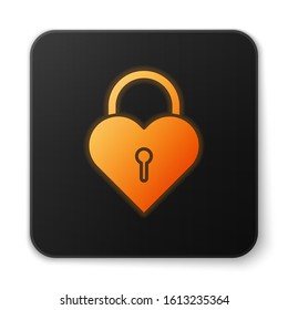 Orange glowing neon Castle in the shape of a heart icon isolated on white background. Locked Heart. Love symbol and keyhole sign. Black square button. Vector Illustration