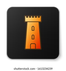 Orange glowing neon Castle tower icon isolated on white background. Fortress sign. Black square button. Vector Illustration