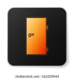 Orange glowing neon Closed door icon isolated on white background. Black square button. Vector Illustration