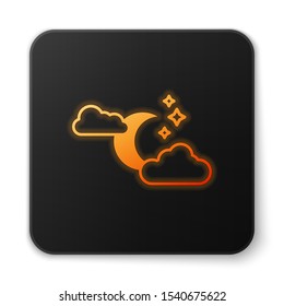 Orange glowing neon Cloud with moon and stars icon isolated on white background. Cloudy night sign. Sleep dreams symbol. Night or bed time sign. Black square button. Vector Illustration