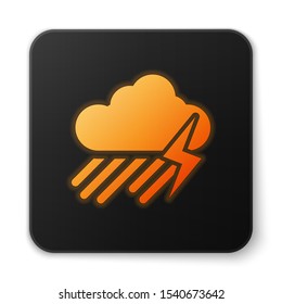 Orange glowing neon Cloud with rain and lightning icon isolated on white background. Rain cloud precipitation with rain drops.Weather icon of storm. Black square button. Vector Illustration
