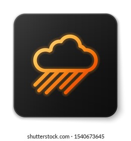 Orange glowing neon Cloud with rain icon isolated on white background. Rain cloud precipitation with rain drops. Black square button. Vector Illustration