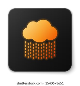 Orange glowing neon Cloud with rain icon isolated on white background. Rain cloud precipitation with rain drops. Black square button. Vector Illustration