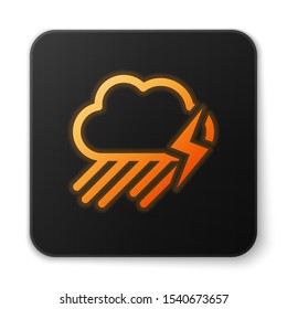Orange glowing neon Cloud with rain and lightning icon isolated on white background. Rain cloud precipitation with rain drops.Weather icon of storm. Black square button. Vector Illustration
