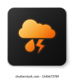 Orange glowing neon Cloud with rain and lightning icon isolated on white background. Rain cloud precipitation with rain drops.Weather icon of storm. Black square button. Vector Illustration