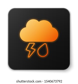 Orange glowing neon Cloud with rain and lightning icon isolated on white background. Rain cloud precipitation with rain drops.Weather icon of storm. Black square button. Vector Illustration
