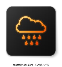 Orange glowing neon Cloud with rain icon isolated on white background. Rain cloud precipitation with rain drops. Black square button. Vector Illustration