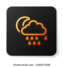 Orange glowing neon Cloud with rain and moon icon isolated on white background. Rain cloud precipitation with rain drops. Black square button. Vector Illustration