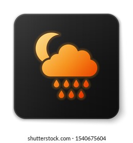 Orange glowing neon Cloud with rain and moon icon isolated on white background. Rain cloud precipitation with rain drops. Black square button. Vector Illustration