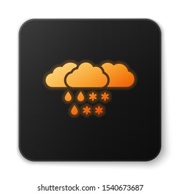 Orange glowing neon Cloud with snow and rain icon isolated on white background. Weather icon. Black square button. Vector Illustration