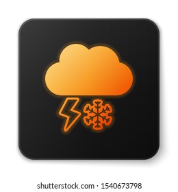 Orange glowing neon Cloud with snow and lightning icon isolated on white background. Cloud with snowflakes. Single weather icon. Snowing sign. Black square button. Vector Illustration