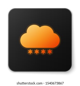 Orange glowing neon Cloud with snow icon isolated on white background. Cloud with snowflakes. Single weather icon. Snowing sign. Black square button. Vector Illustration