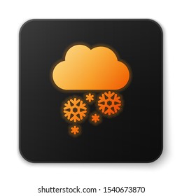 Orange glowing neon Cloud with snow icon isolated on white background. Cloud with snowflakes. Single weather icon. Snowing sign. Black square button. Vector Illustration