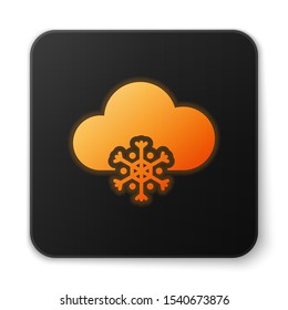 Orange glowing neon Cloud with snow icon isolated on white background. Cloud with snowflakes. Single weather icon. Snowing sign. Black square button. Vector Illustration