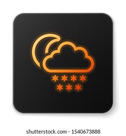 Orange glowing neon Cloud with snow and moon icon isolated on white background. Cloud with snowflakes. Single weather icon. Snowing sign. Black square button. Vector Illustration