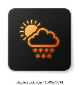 Orange glowing neon Cloud with snow and sun icon isolated on white background. Cloud with snowflakes. Single weather icon. Snowing sign. Black square button. Vector Illustration