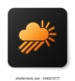 Orange glowing neon Cloudy with rain and sun icon isolated on white background. Rain cloud precipitation with rain drops. Black square button. Vector Illustration