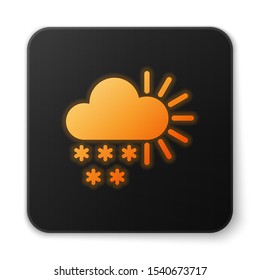 Orange glowing neon Cloudy with snow icon isolated on white background. Cloud with snowflakes. Single weather icon. Snowing sign. Black square button. Vector Illustration