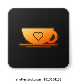 Orange glowing neon Coffee cup and heart icon isolated on white background. Couple coffee for lovers on Valentines Day. Black square button. Vector Illustration