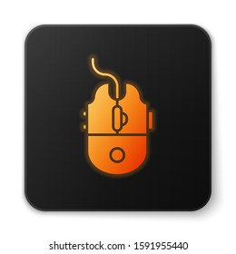 Orange glowing neon Computer mouse gaming icon isolated on white background. Optical with wheel symbol. Black square button. Vector Illustration