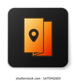 Orange glowing neon Cover book travel guide icon isolated on white background. Black square button. Vector Illustration Orange glowing neon Cover book travel guide icon isolated on white background. Black square button. Vector Illustration
