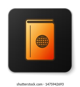 Orange glowing neon Cover book travel guide icon isolated on white background. Black square button. Vector Illustration
