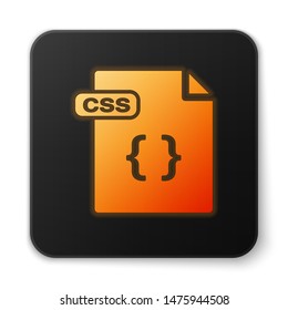 Orange glowing neon CSS file document. Download css button icon isolated on white background. CSS file symbol. Black square button. Vector Illustration