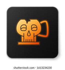 Orange glowing neon Cup from the skull icon isolated on white background. Black square button. Vector Illustration