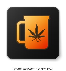 Orange glowing neon Cup tea with marijuana or cannabis leaf icon isolated on white background. Marijuana legalization. Hemp symbol. Black square button. Vector Illustration