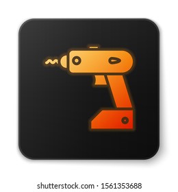 Orange glowing neon Electric cordless screwdriver icon isolated on white background. Electric drill machine. Repair tool. Black square button. Vector Illustration