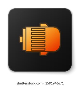 Orange glowing neon Electric engine icon isolated on white background. Car alternator. Black square button. Vector Illustration